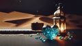 arabic lantern and blue crystal on a desert ramadan night background, ai generated Royalty Free Stock Photo