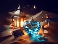 ornamental arabic lantern and blue crystal on a desert ramadan night background, ai generated Royalty Free Stock Photo