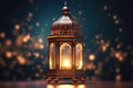 Arabic lantern and burning candle in dark blue blurred background with lights Royalty Free Stock Photo