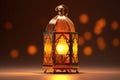 Arabic lantern and burning candle in blurred lights Royalty Free Stock Photo