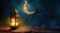 Arabic lantern and crescent moon, Ramadan Kareem background. Generative AI