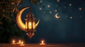 Arabic lantern and crescent moon, Ramadan Kareem background. Generative AI
