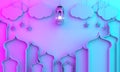 Arabic lantern, hanging cloud, star, window on blue pink gradient background.