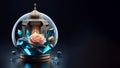 arabic lantern with majectic blue crystal and peach rose banner background,ai generated Royalty Free Stock Photo