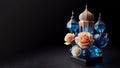 arabic lantern with majectic blue crystal and peach rose banner background,ai generated Royalty Free Stock Photo