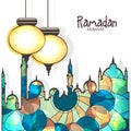 Arabic lantern and mosque for Ramadan Kareem celebration. Royalty Free Stock Photo