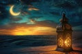 An Arabic lantern on a reflective surface, stars, and a crescent moon in the night sky create a dreamy Ramadan scene Royalty Free Stock Photo