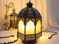 Arabic lantern, rosary, and white curtains Royalty Free Stock Photo