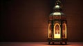arabic lantern on table with wall background. Ramadan background. Generative AI