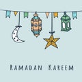 Arabic lanterns, flags, moon and stars, Ramadan illustration Royalty Free Stock Photo