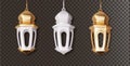 Arabic lanterns realistic set of hanging. Islamic Realistic traditional muslim symbols of Ramadan Mubarak fanous isolated on