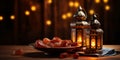 Arabic lanterns and traditional ramadan food on table with copyspace.