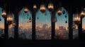 Arabic lanterns on the window in the city at night illustration
