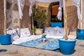 Arabic majlis, traditional Arabic seating area on the floor with white decorated cushions, Dubai.