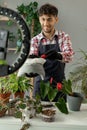 Arabic male gardener influencer films video for blog gives recommendations how to transplant potted flower