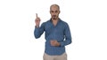 Arabic man in casual making attention gesture finger up on white background.