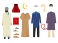 Arabic man clothes. National islamic fashion of male costumes wardrobe items muslim iranian and turkish sultan vector