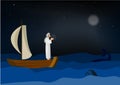 Man praying on sailboat ocean background illustrator. Royalty Free Stock Photo