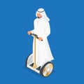 Arabic man on self-balancing electric scooter. 3d flat isometric vector illustration. Electric scooters, self balancing