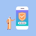 Arabic man unlock smartphone verification mobile security app access concept flat full length