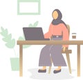 Arabic muslim woman in hijab from UAE or Saudi Arabia working online from home or in the office, sinning at the table with the lap Royalty Free Stock Photo