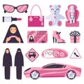 Arabic muslim women that have permission for driving auto. Lady in nikab and hijab with pink accessories, car, signs and heels sho