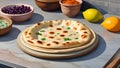 Arabic naan roti paratha food. on kitchen countertop.