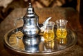 Arabic nana mint tea with metal tea pot and glasses