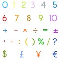 Arabic Numbers, Arithmetic operations and currencies symbols Royalty Free Stock Photo