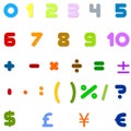 Arabic Numbers, Arithmetic operations and currencies symbols Royalty Free Stock Photo