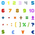 Arabic Numbers, Arithmetic operations and currencies symbols Royalty Free Stock Photo