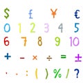 Arabic Numbers, Arithmetic operations and currencies symbols Royalty Free Stock Photo