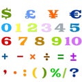 Arabic Numbers, Arithmetic operations and currencies symbols Royalty Free Stock Photo