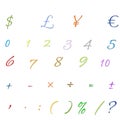 Arabic Numbers, Arithmetic operations and currencies symbols Royalty Free Stock Photo