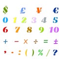 Arabic Numbers, Arithmetic operations and currencies symbols Royalty Free Stock Photo