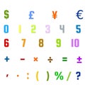 Arabic Numbers, Arithmetic operations and currencies symbols Royalty Free Stock Photo