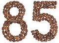 Arabic numeral 85, eighty five, from coffee beans, isolated on w