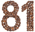 Arabic numeral 81, eighty one, from coffee beans, isolated on white background