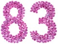 Arabic numeral 83, eighty three, from flowers of lilac, isolated