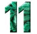 Arabic numeral 11, eleven, from natural green malachite, isolated on white background