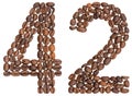 Arabic numeral 42, forty two, from coffee beans, isolated on white background