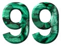 Arabic numeral 99, ninety nine, from natural green malachite, isolated on white background
