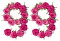 Arabic numeral 99, ninety nine, from red flowers of rose, isolated on white background