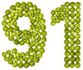 Arabic numeral 91, ninety one, from green peas, isolated on whit Royalty Free Stock Photo