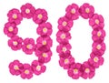 Arabic numeral 90, ninety, from pink flowers of flax, isolated on white background