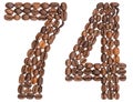 Arabic numeral 74, seventy four, from coffee beans, isolated on