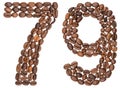 Arabic numeral 79, seventy nine, from coffee beans, isolated on