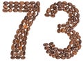 Arabic numeral 73, seventy three, from coffee beans, isolated on