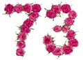 Arabic numeral 73, seventy three, from red flowers of rose, isolated on white background