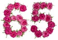 Arabic numeral 65, sixty five, from red flowers of rose, isolate